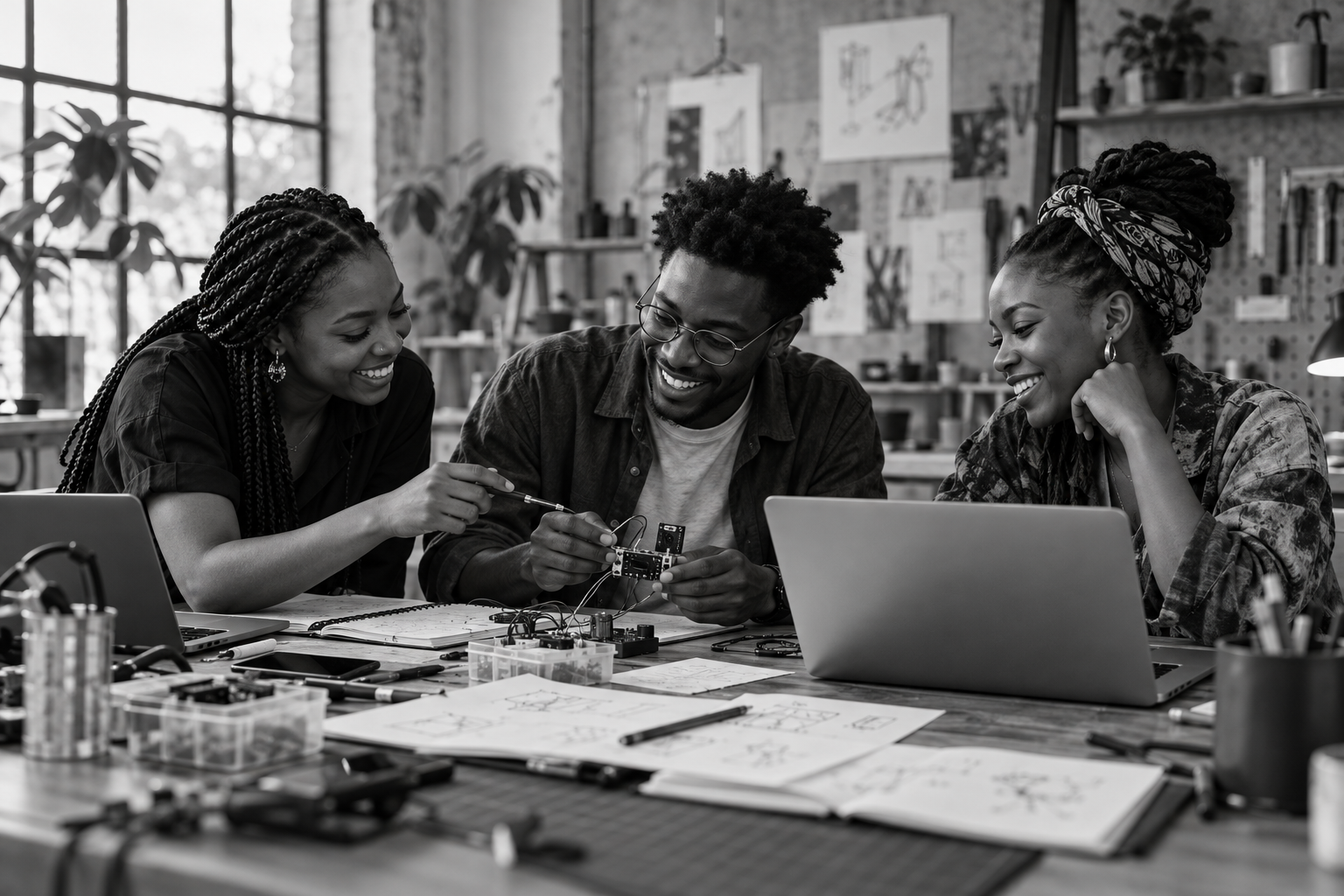 Three Black African builders collaborating on an electronics prototype.